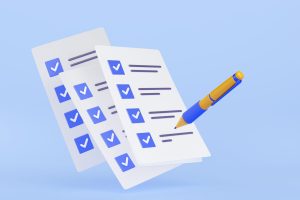 3D illustration of pen putting blue ticks on checklist papers. Election voting, successful fulfillment of business tasks, action plan for effective time management, quality control assessment form